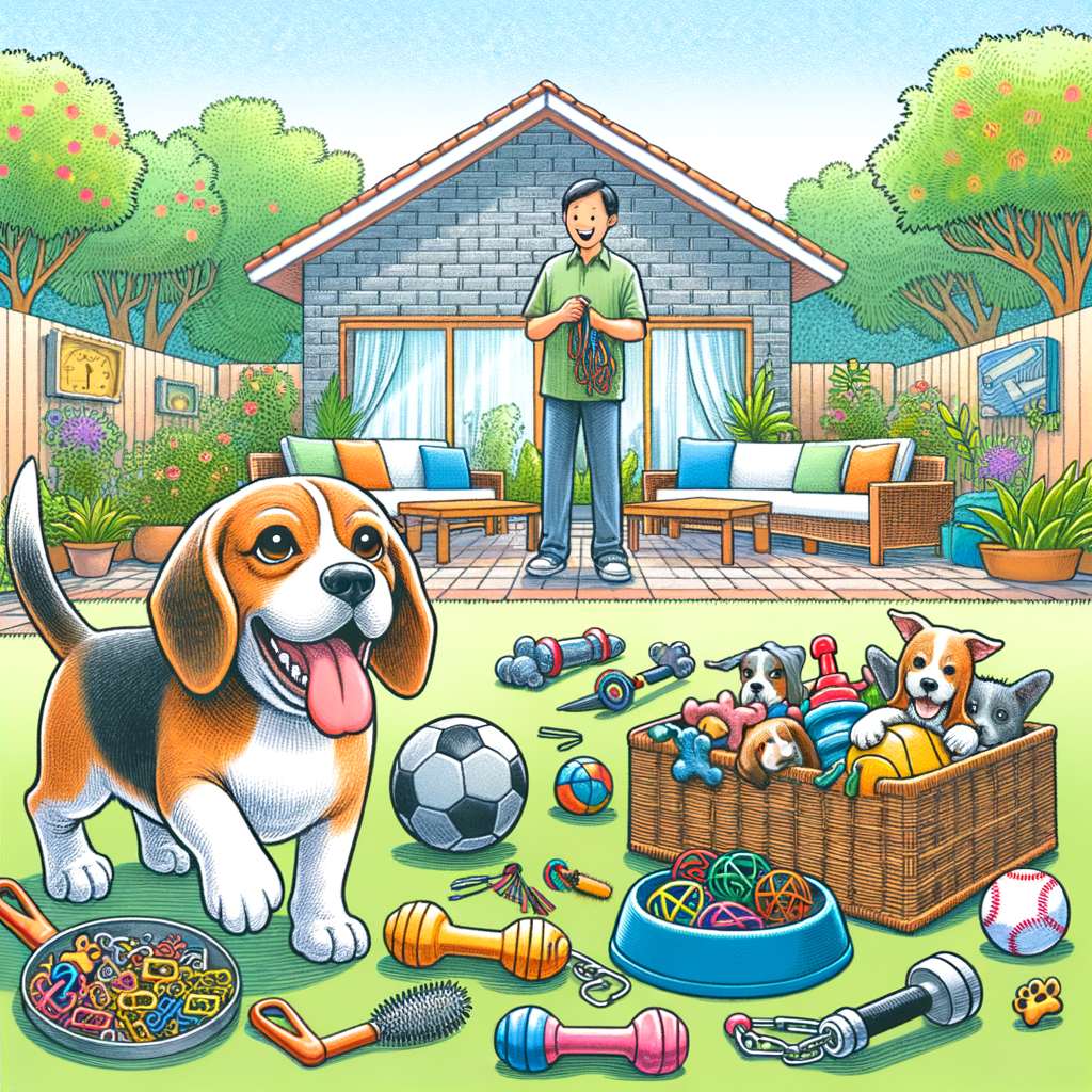 Beagle lover joyfully observing newly adopted beagle playing with dog toys in a well-maintained backyard, showcasing the rewarding experience and care involved in the beagle adoption process and life post-adoption.