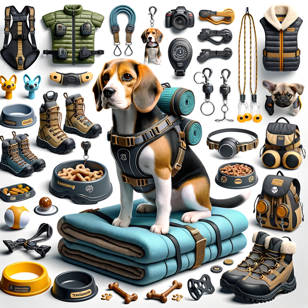 Beagle outdoor gear including Beagle hiking gear, camping accessories, outdoor toys, and training accessories, with a Beagle demonstrating outdoor safety clothing.