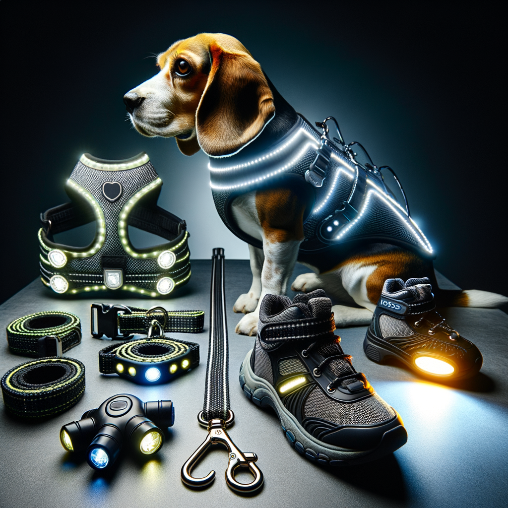 Assortment of Beagle safety gear and dog accessories, including a reflective harness, leash, dog boot, and collar light, emphasizing the importance of safety products for Beagle pet safety.