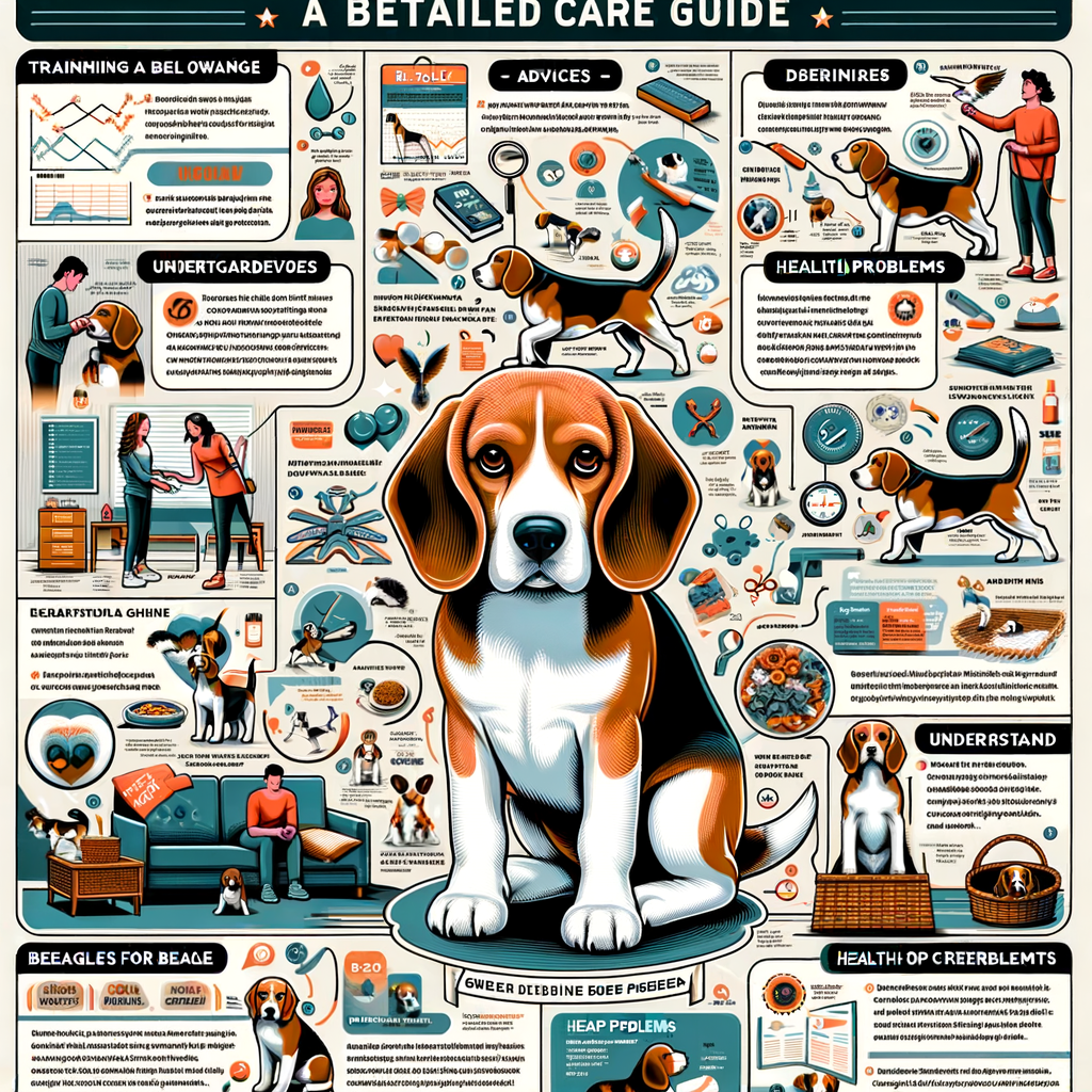 Comprehensive Beagle care guide infographic covering first-time Beagle owner tips, training a Beagle puppy, understanding Beagle behavior and temperament, addressing Beagle health issues, diet and nutrition, exercise needs, grooming tips, socializing a Beagle, and understanding Beagle breed characteristics.