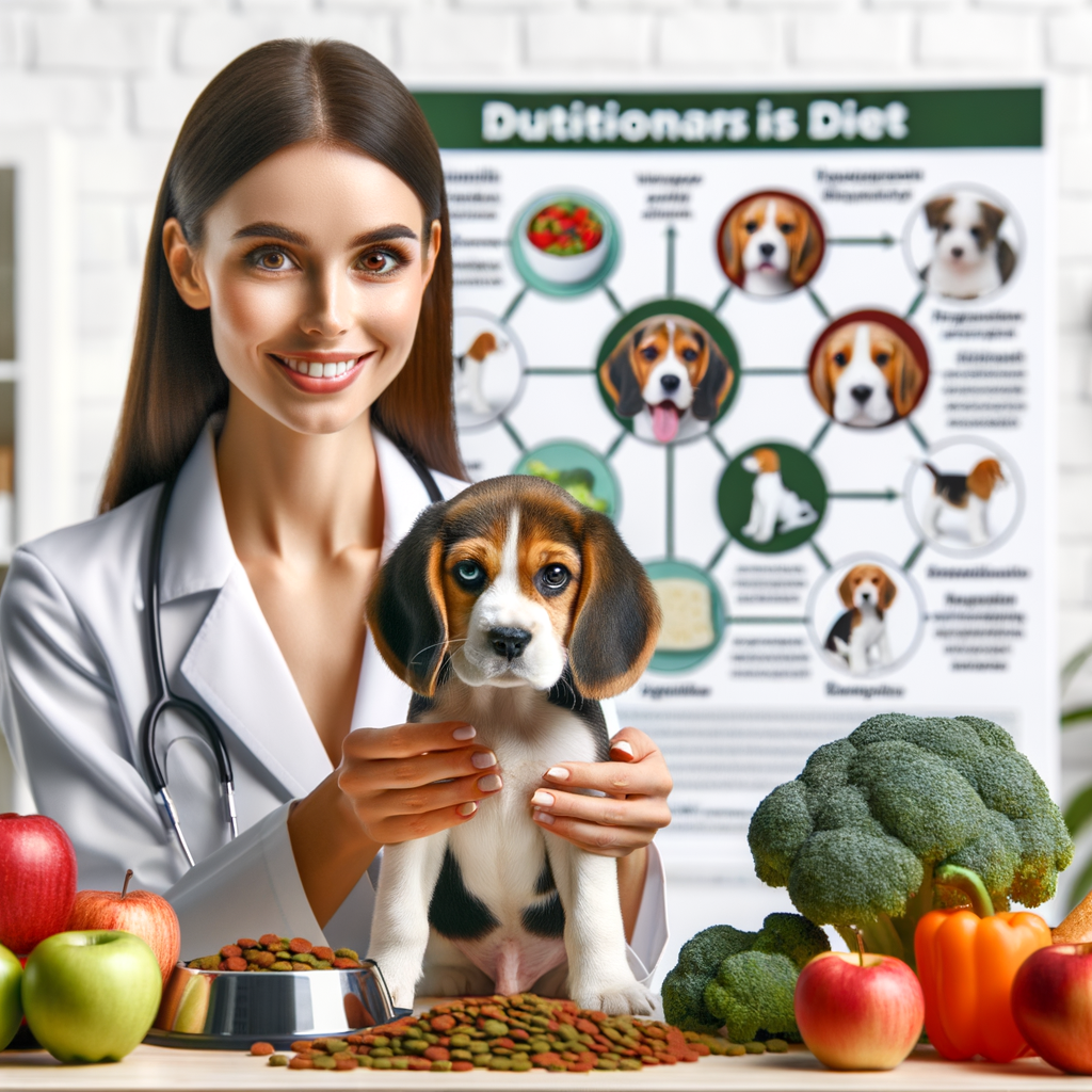 Veterinarian demonstrating Beagle food guide with best food for Beagles, Beagle puppy awaiting optimal diet, and chart showing nutritional needs and feeding tips for a healthy Beagle diet plan.