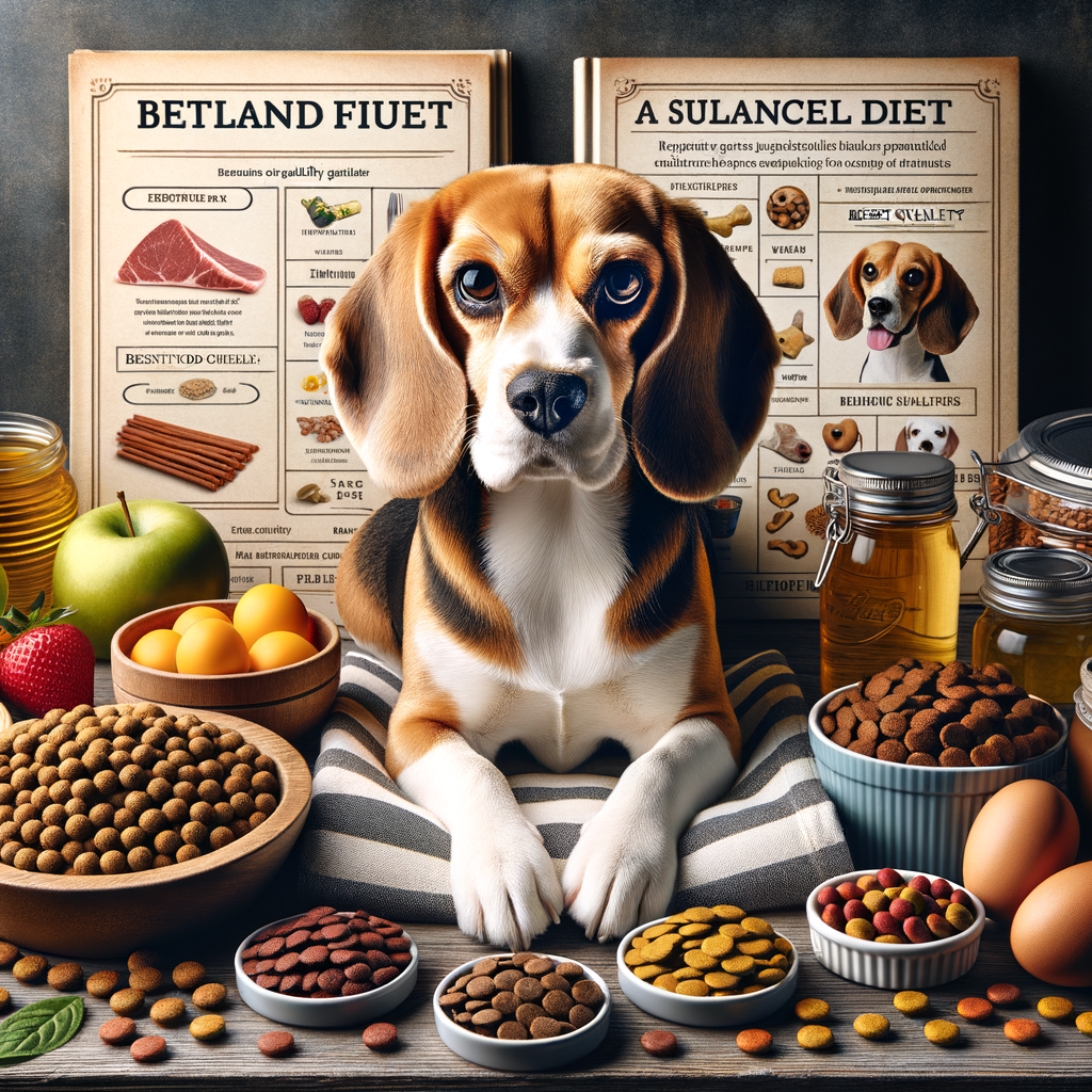 Assortment of healthy Beagle food items for an optimal Beagle diet plan, including a Beagle nutrition guide and feeding tips, emphasizing the importance of high-quality food for Beagles' health and diet.