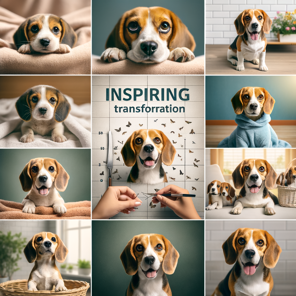 Heartwarming collage of rescue beagle transformation tales, showcasing inspiring adopted beagle transformations from their initial rescue journeys to successful rehabilitation, encapsulating beagle rescue success stories.