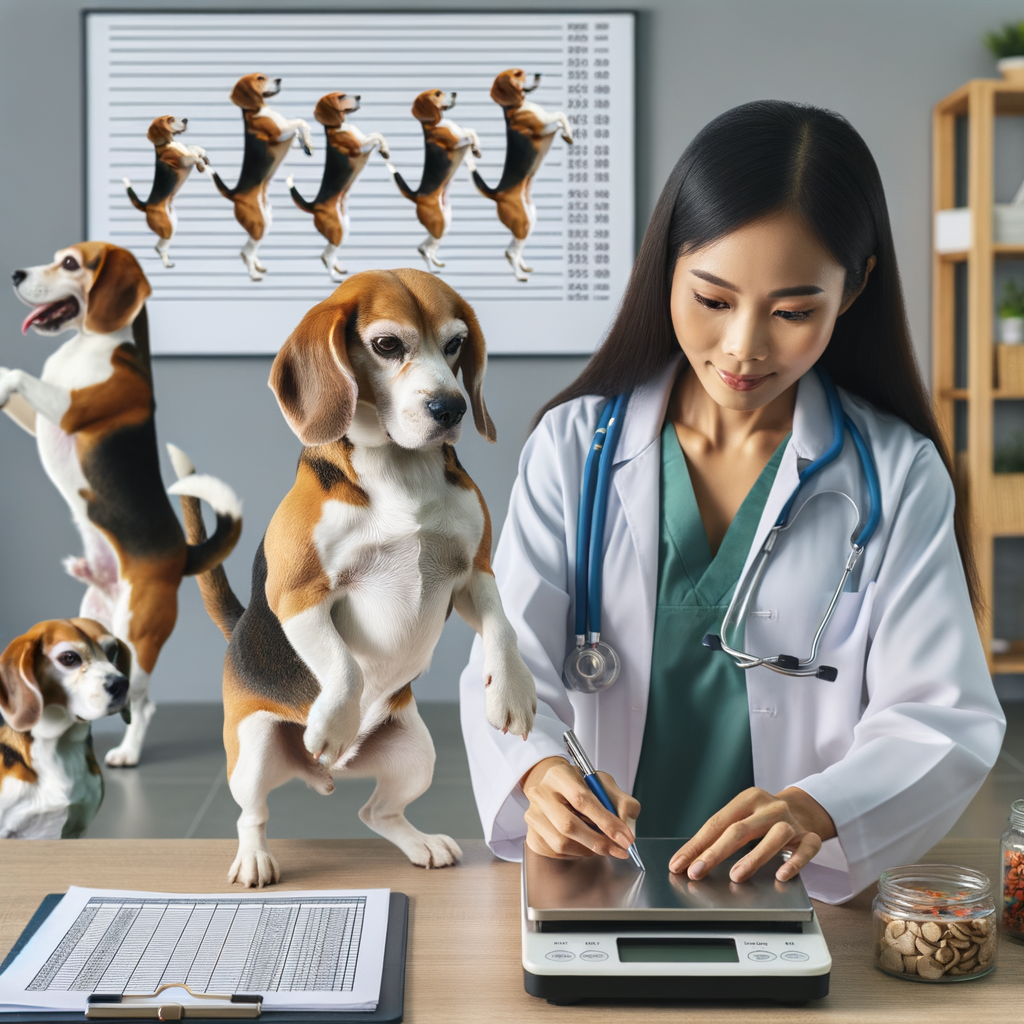 Veterinarian checking beagle's weight for maintaining beagle weight, with beagle diet plan and nutrition guide on table, and beagle exercise routine in background, illustrating beagle health tips and overweight beagle solutions for ideal weight for beagles.