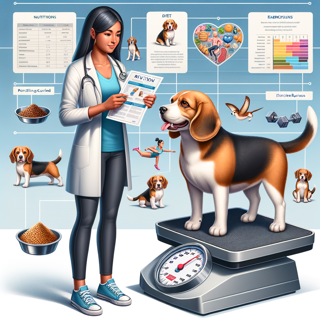 Vet providing Beagle diet tips and overweight Beagle solutions, with a healthy Beagle on a scale and Beagle exercise routine chart in the background for Beagle obesity prevention and weight management.