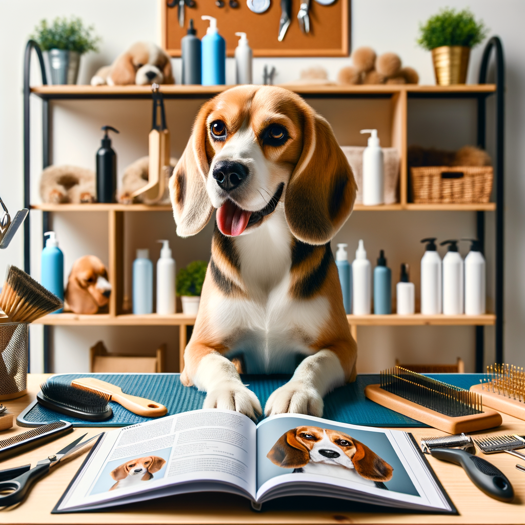 Beagle sitting on a grooming table at home with DIY Beagle grooming tools and a Beagle grooming guide book open to hair care tips, illustrating comprehensive homemade Beagle care and grooming techniques.