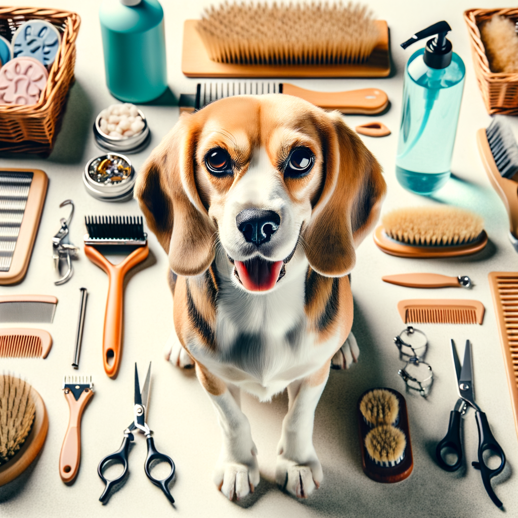 Beagle grooming guide illustrating DIY Beagle grooming at home, featuring a well-groomed Beagle and essential Beagle grooming tools for effective hair and coat care.