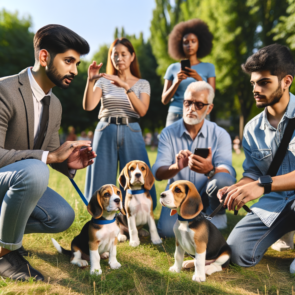 Professional dog trainer offering Beagle obedience tips and Beagle puppy training techniques in a park, providing a comprehensive Beagle training guide to a group of Beagle lovers.