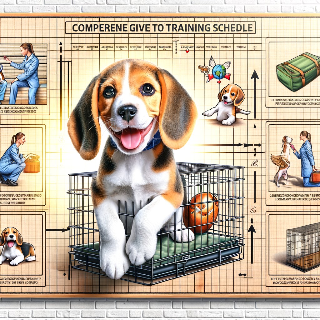 Beagle puppy happily sitting in a crate during a training session, with a Beagle crate training schedule on the wall and a trainer demonstrating Beagle crate training techniques for a comprehensive guide.