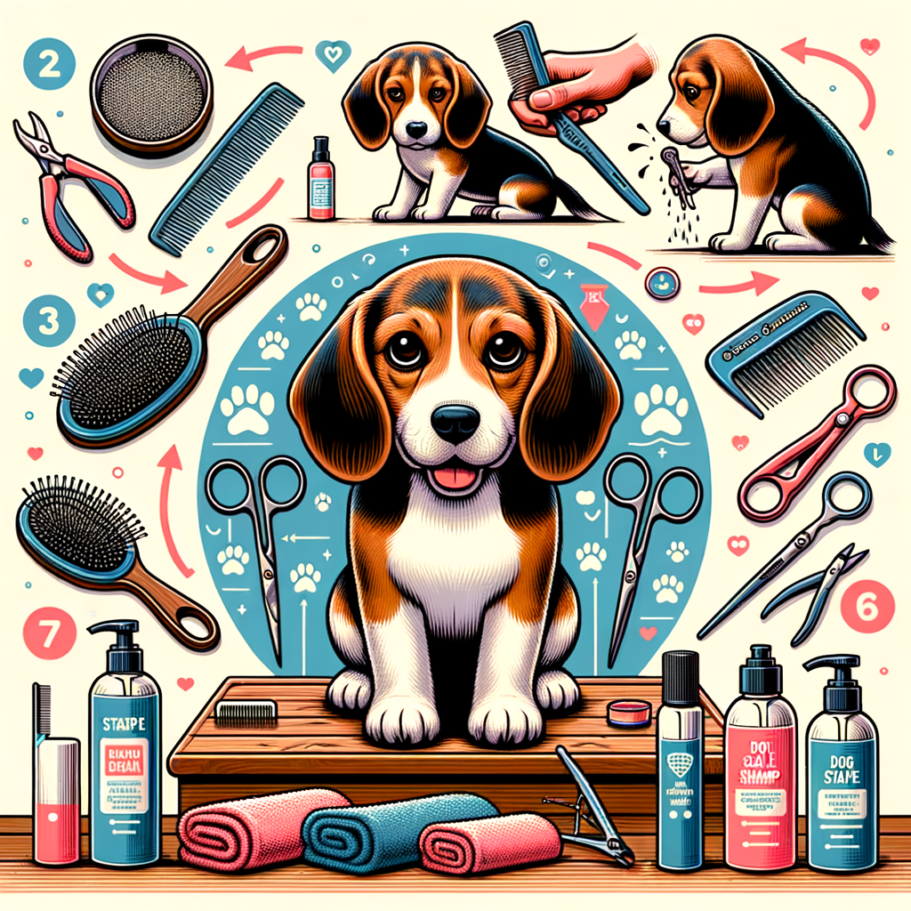 Step-by-step beginner's guide to grooming a beagle at home, showcasing essential beagle grooming tools, techniques, hair care, and coat care for a well-groomed beagle.