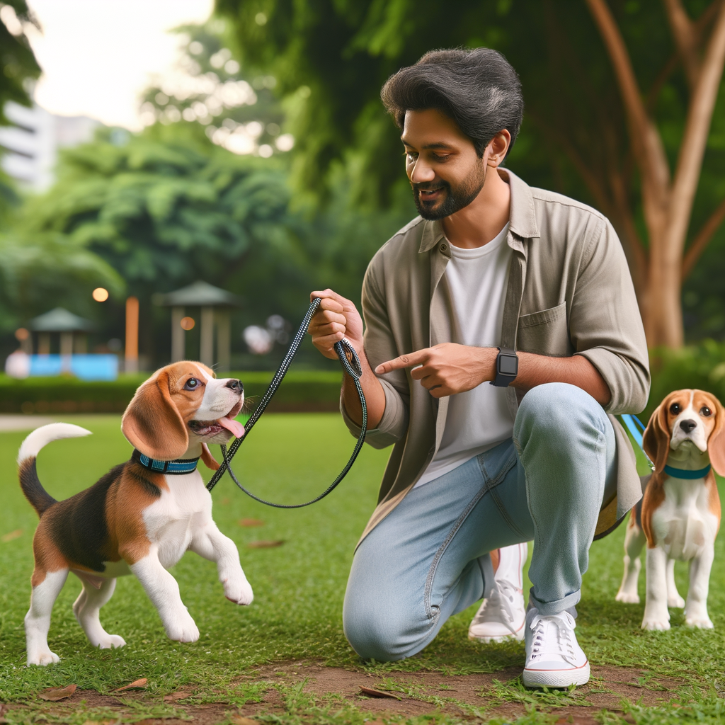 Professional dog trainer demonstrating Beagle leash training techniques in a park, showing a Beagle puppy and adult Beagle obediently walking without pulling, offering practical Beagle training tips and solutions to common leash training problems.