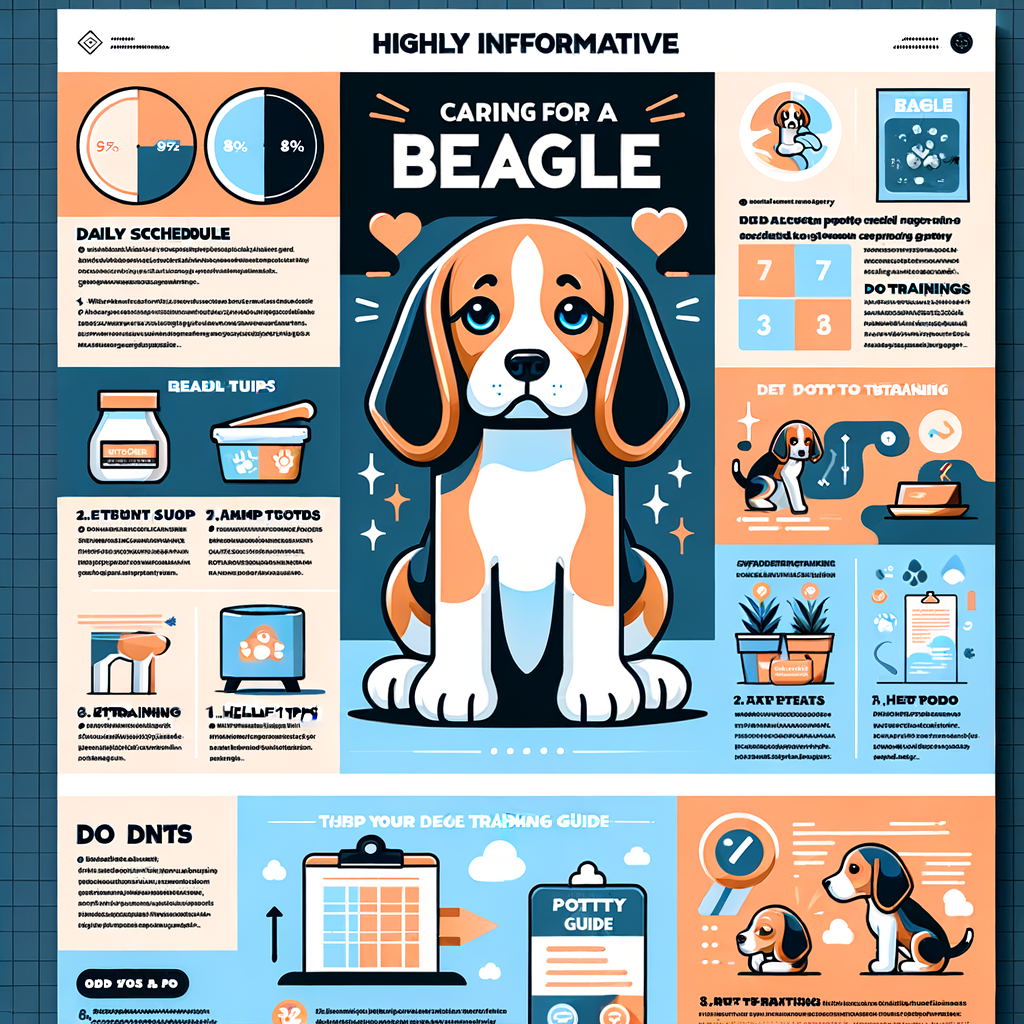 Infographic illustrating beagle puppy care guide, including how to potty train a beagle puppy, beagle training guide PDF, beagle puppy schedule, and beagle dos and don'ts for optimal beagle care.