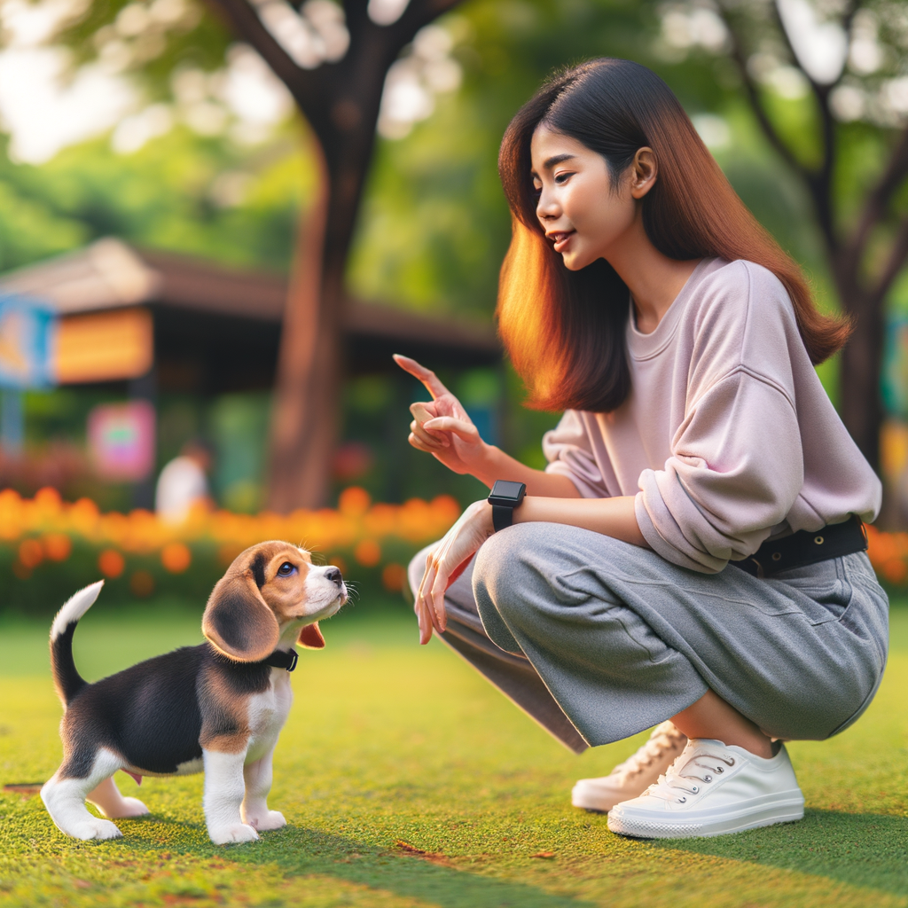 Professional dog trainer demonstrating Beagle obedience training and command techniques in a park, showcasing effective Beagle puppy training and behavior training methods for a comprehensive Beagle training guide.