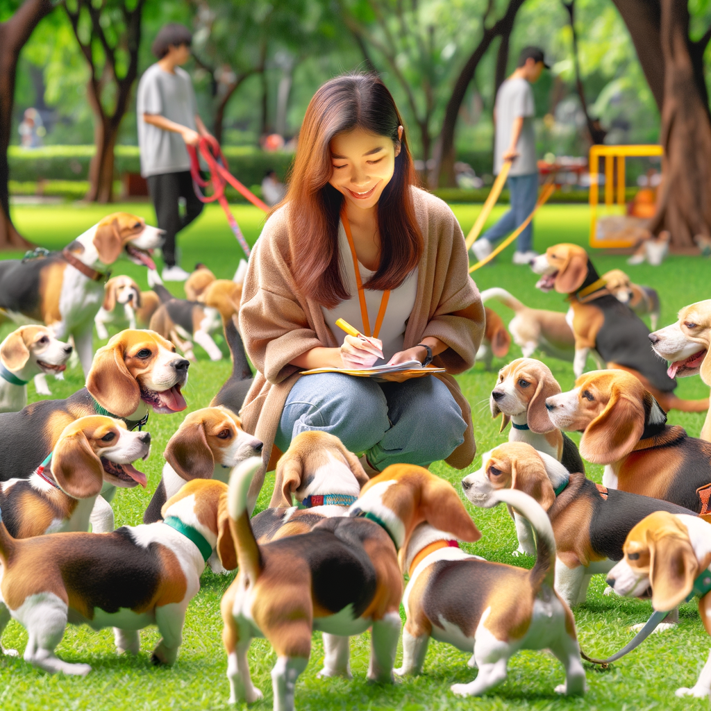 Professional dog trainer conducting a Beagle dog training session in a park, focusing on Beagle socialization and interaction, demonstrating positive Beagle behavior and social skills during Beagle friendly activities and playdates.