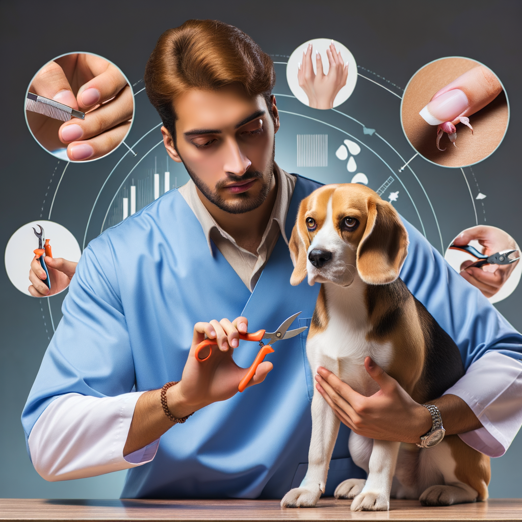 Professional dog groomer demonstrating beagle nail care and trimming techniques, with a focus on healthy beagle nails and essential beagle grooming tips for maintaining beagle nail health.