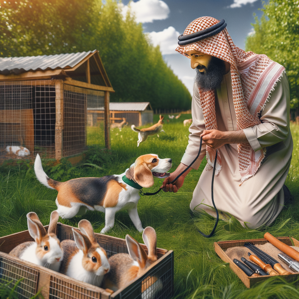 Professional dog trainer demonstrating beagle training for hunting using rabbit scent, beagle hunting commands, and rabbit dog training supplies, with beagles tracking scents and rabbits for training beagles for sale nearby.