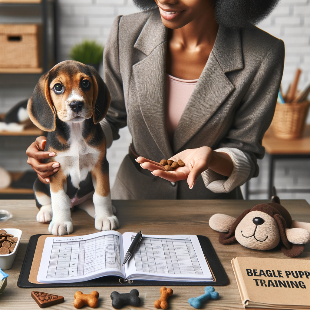 Professional dog trainer demonstrating Beagle puppy training techniques and obedience, with a Beagle puppy attentively following instructions, training schedule, 'Beagle Puppy Training Essentials' guidebook, and various training aids.