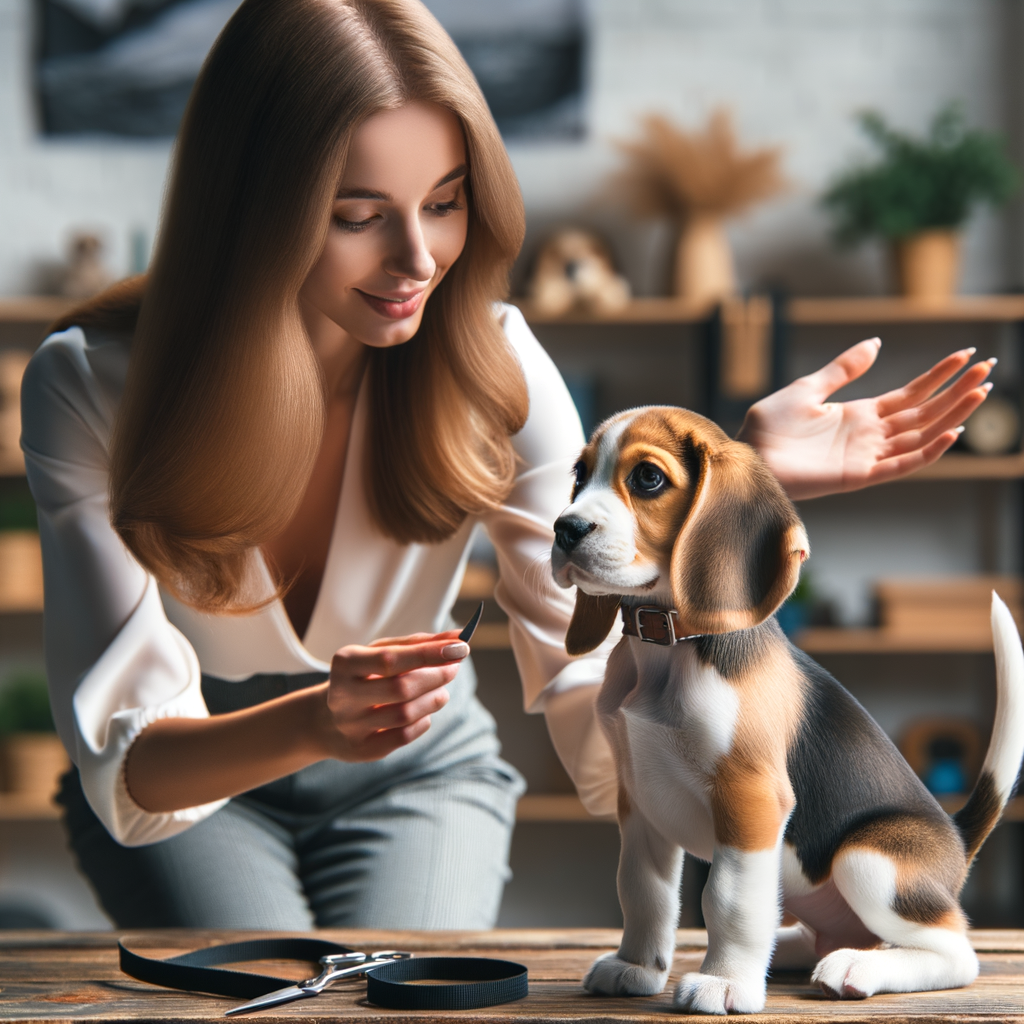 Professional dog trainer demonstrating Beagle training tips and managing Beagle behavior issues, highlighting Beagle breed characteristics and puppy temperament.