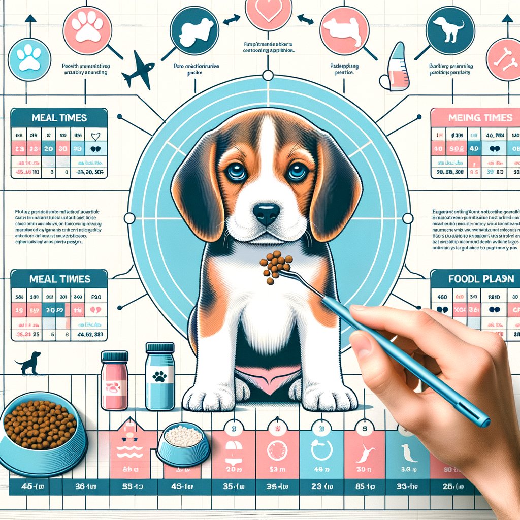 Infographic detailing Beagle puppy diet and feeding guide, showcasing Beagle puppy food schedule, feeding times, meal plan, and best food options for optimal Beagle puppy nutrition and feeding amount.