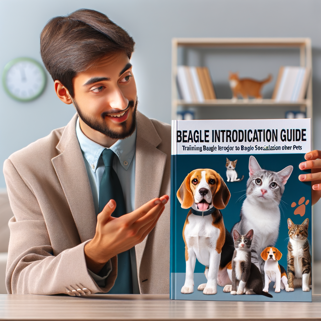 Professional trainer demonstrating introducing Beagle to pets, showcasing Beagle's behavior with cats and dogs, and providing Beagle socialization tips with a 'Beagle Introduction Guide' for training and interaction.