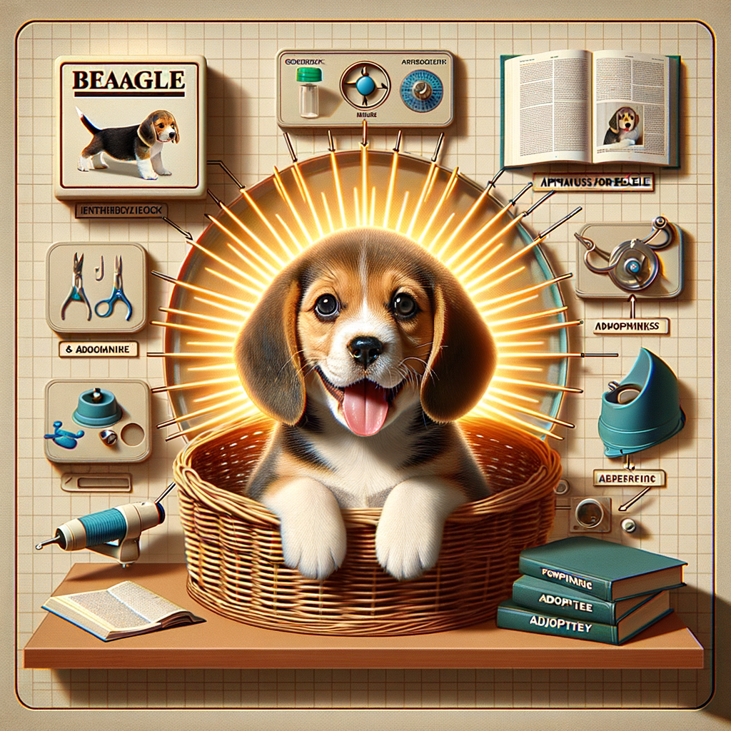 Happy Beagle puppy in a home setting with a Beagle care guide, training tools, and adoption guide, illustrating Beagle ownership readiness and offering Beagle training tips for beginners.