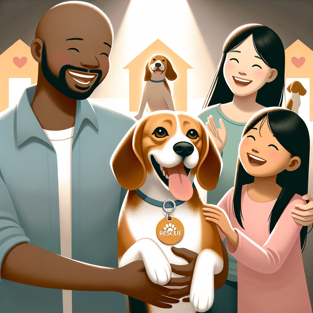 Joyful family embracing their newly adopted Beagle, highlighting the benefits and process of Beagle adoption from rescue centers.