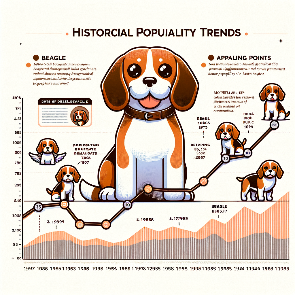 Infographic illustrating Beagle breed history and the rise and fall of Beagle dog popularity over time, showcasing trends in Beagle popularity and key moments in the history of Beagle dogs.