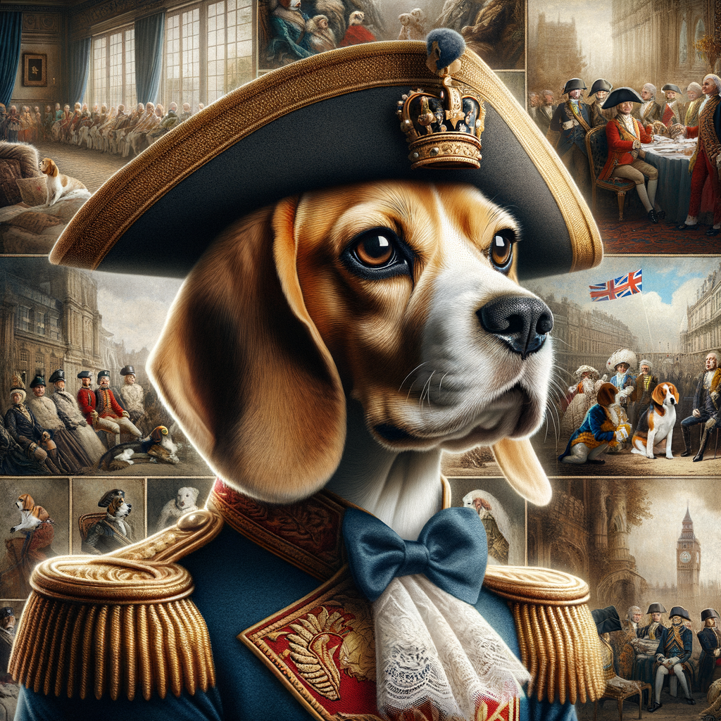 Regal Beagle breed dog in royal attire, symbolizing Beagles in monarchy and their historical role in royal families, highlighting the royal history of Beagle dogs and their presence in historical events.