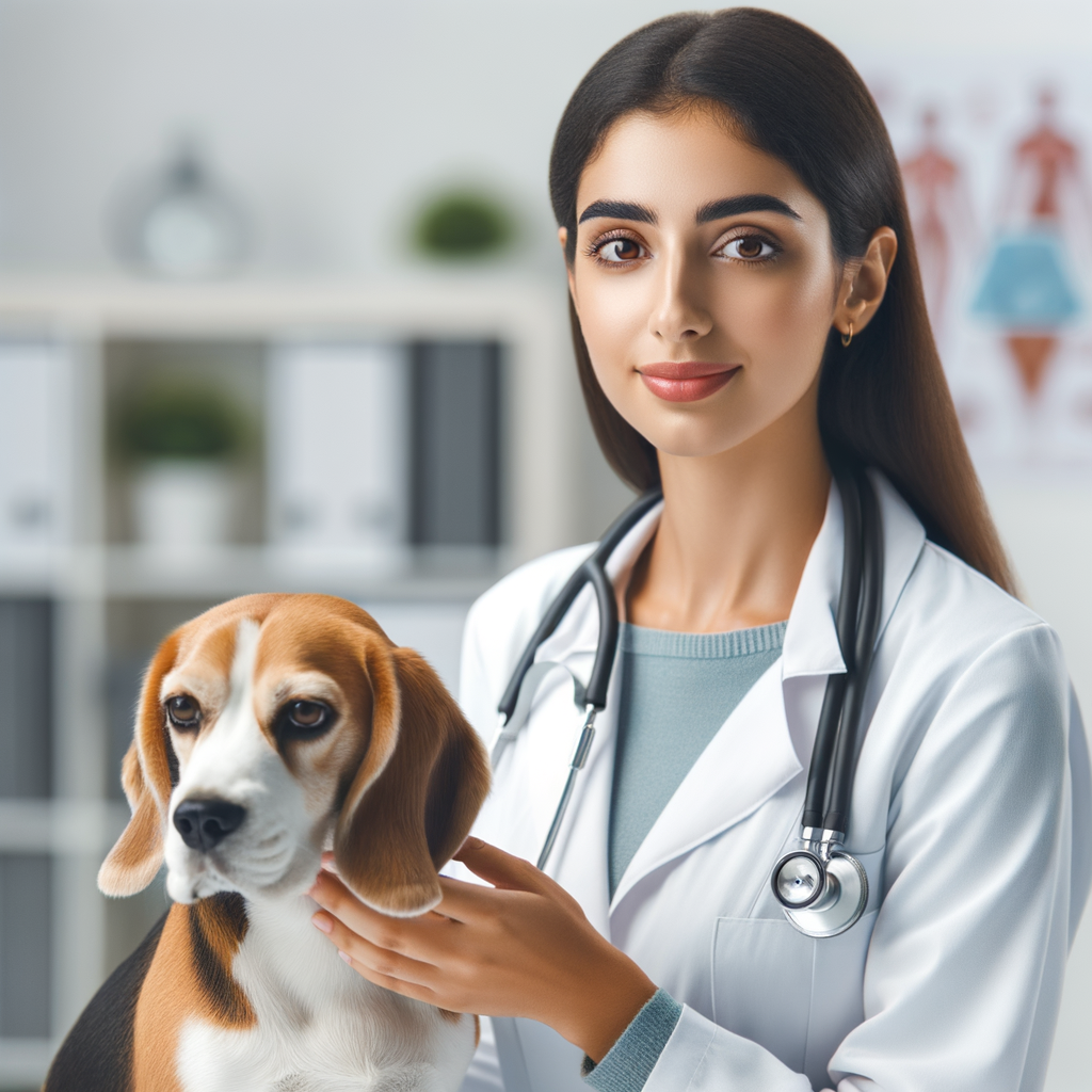 Veterinarian conducting a Beagle health check-up, emphasizing the importance of regular vet visits and preventive care for Beagles' health in a modern clinic