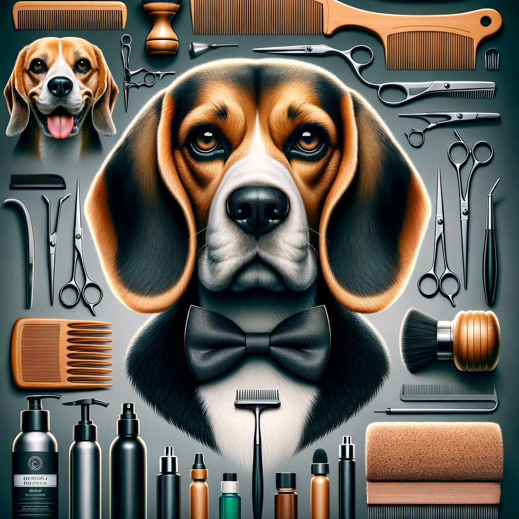 Beagle grooming tips and haircuts illustrated with a well-groomed Beagle and an array of Beagle grooming products, tools, and techniques for optimal Beagle coat care.