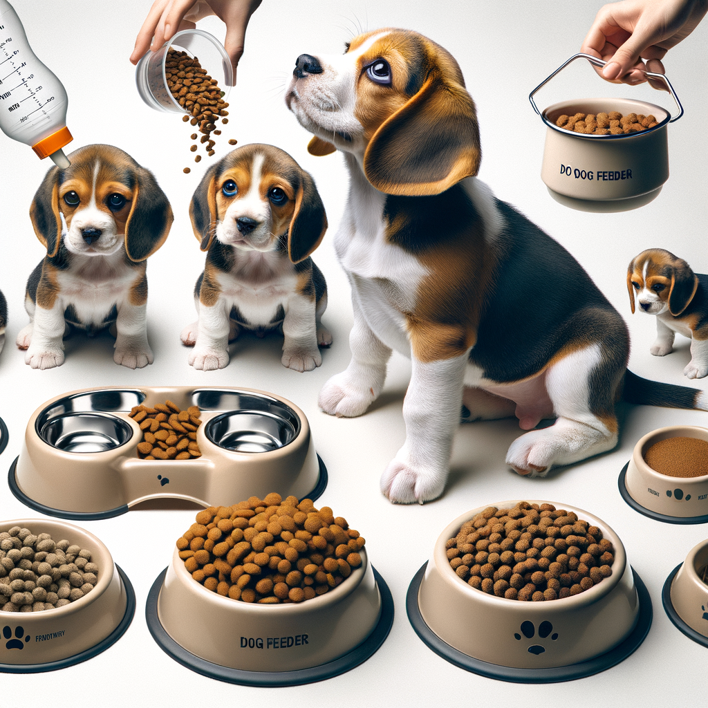 Beagle puppy exploring a variety of best Beagle feeding bowls, Beagle dog feeders, and Beagle food dishes, including Beagle pet feeders and Beagle dog food containers, illustrating essential Beagle feeding accessories and practical Beagle dog feeding tips.