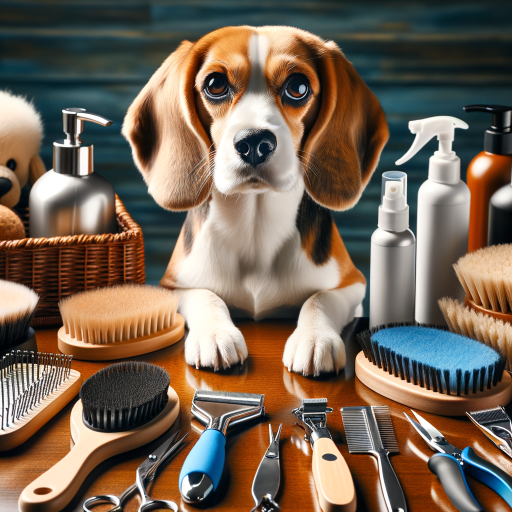 Beagle playfully interacting with top-rated Beagle grooming tools including brushes, clippers, and shampoos, showcasing the best tools for grooming Beagles as part of an essential Beagle grooming guide.