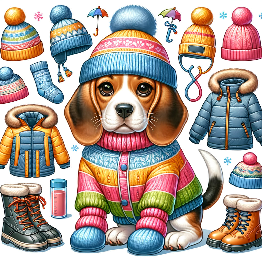 Beagle dog dressed in winter gear including coat, hat, boots, surrounded by winter accessories like sweaters and cold weather essentials, showcasing Beagle winter clothing and care.