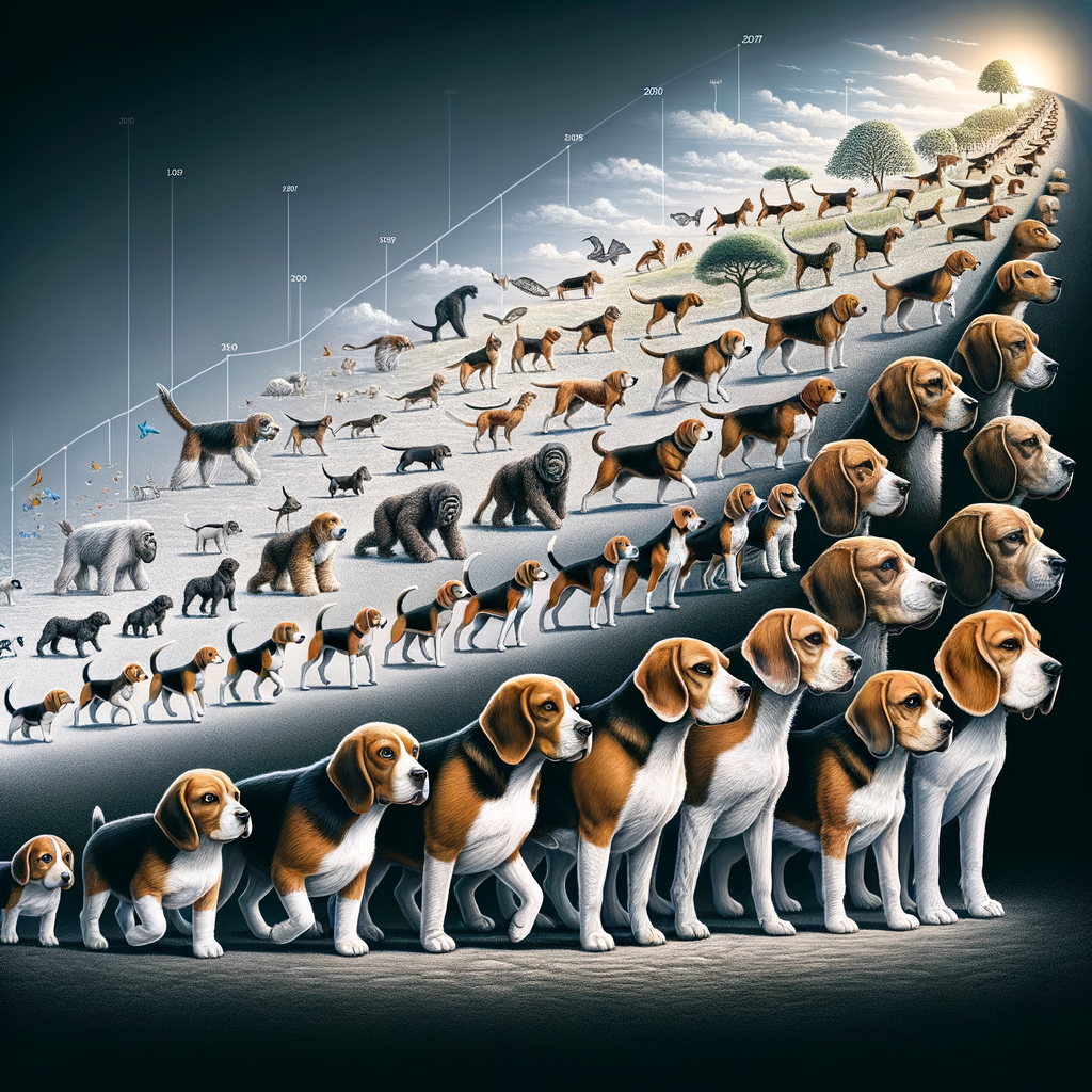 Infographic illustrating the Beagle breed history, evolution, and progression, highlighting changes in Beagle breed characteristics and the origin of Beagle breed lineage as part of the Beagle dog breed development and transformation.