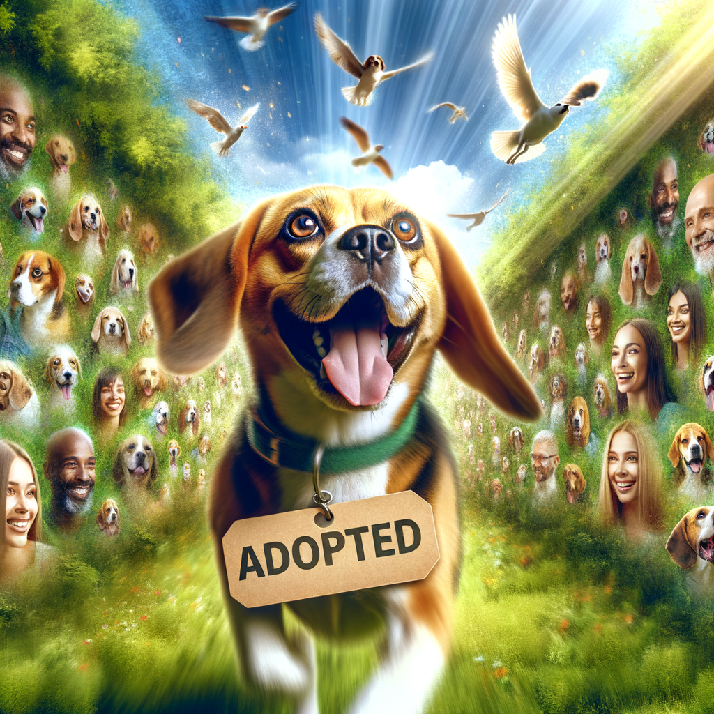 Joyful adopted Beagle playing in a park, symbolizing successful Beagle adoption experiences and rescue stories, with a collage of happy Beagle owners' testimonials in the background.