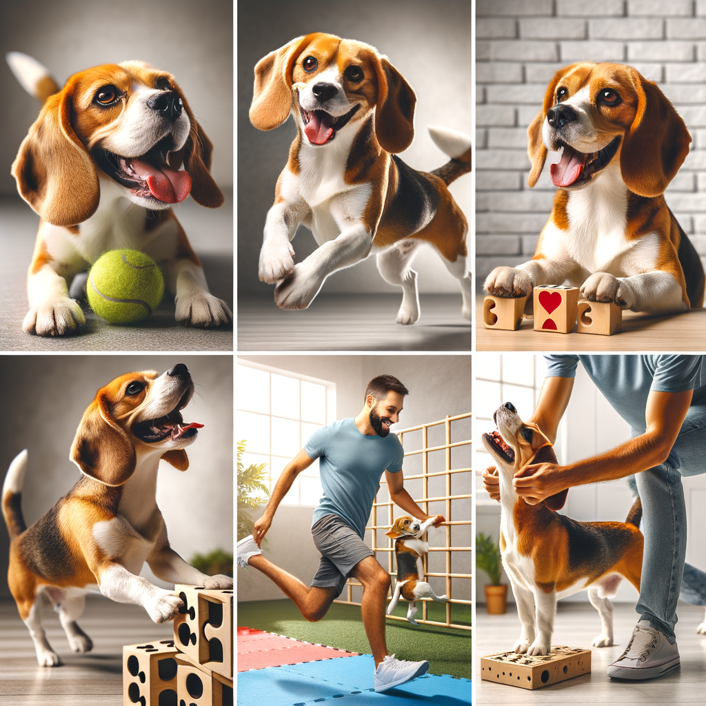 Beagle dog enjoying fun activities like fetching, agility training, and puzzle games, showcasing Beagle exercise and play ideas, highlighting the bond between owner and Beagle during these activities.