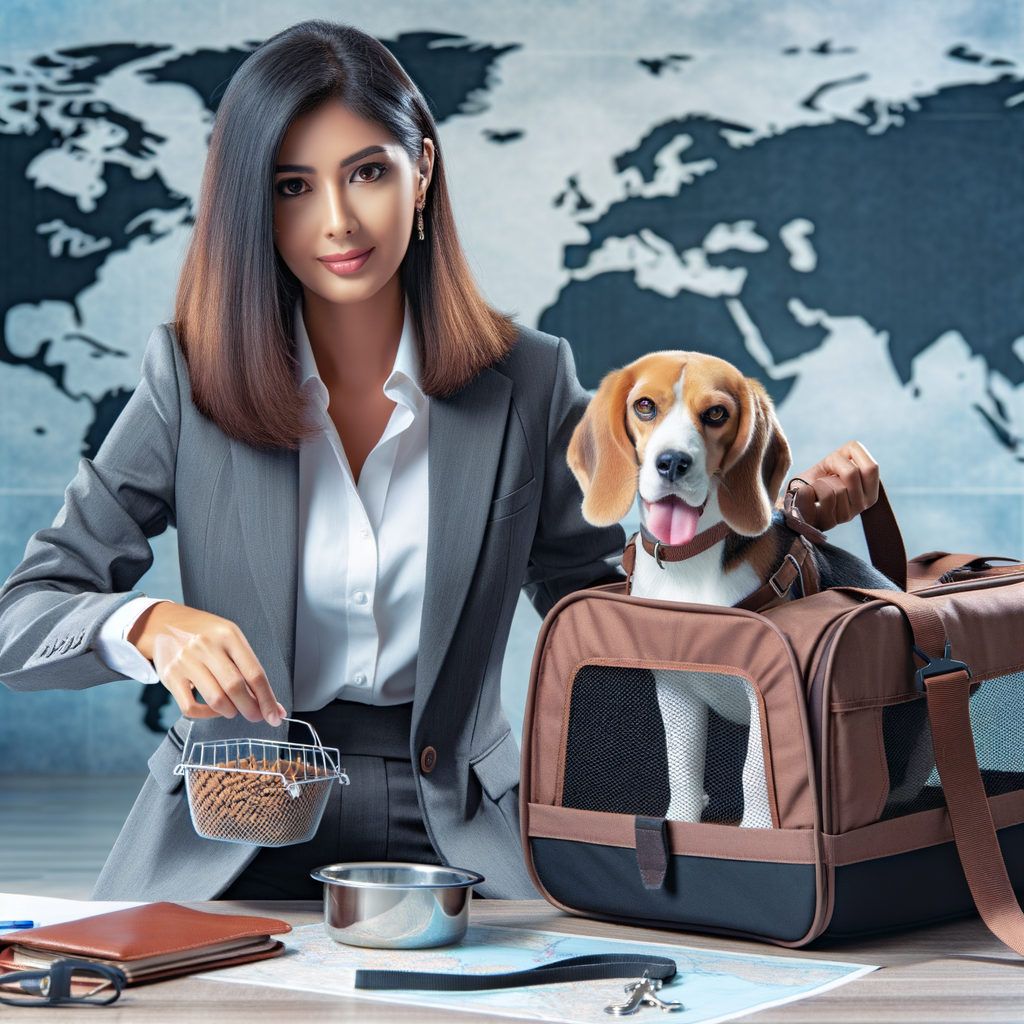 Professional woman packing travel essentials for stress-free Beagle travel, with dog comfortably sitting in pet-friendly carrier, ready for Beagle-friendly travel destinations