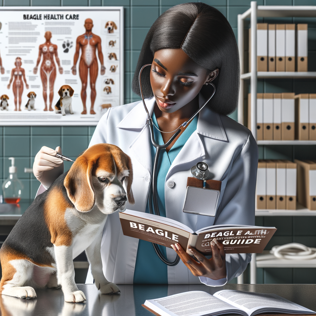 Veterinarian examining a Beagle dog, addressing common Beagle health problems, with 'Beagle Health Care Guide' on table, emphasizing Beagle breed health and offering Beagle health tips.