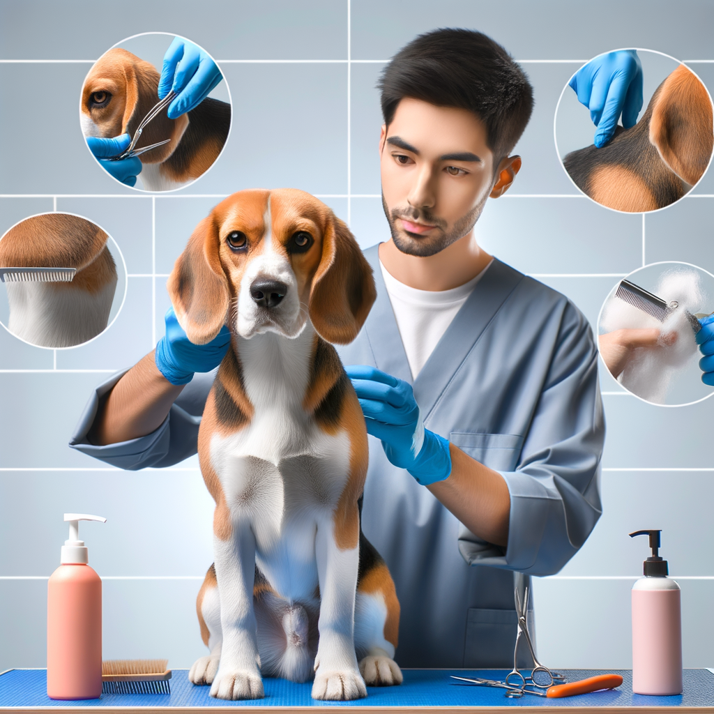 Professional dog groomer demonstrating Beagle grooming techniques, focusing on Beagle hair care and coat care using top-rated Beagle grooming products for an effective Beagle grooming routine.