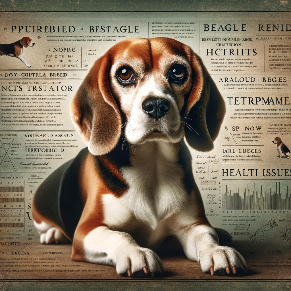 Purebred Beagle in classic pose with overlaid text providing Beagle breed information, characteristics, and historical facts, including the origin and timeline of Beagle breed history.
