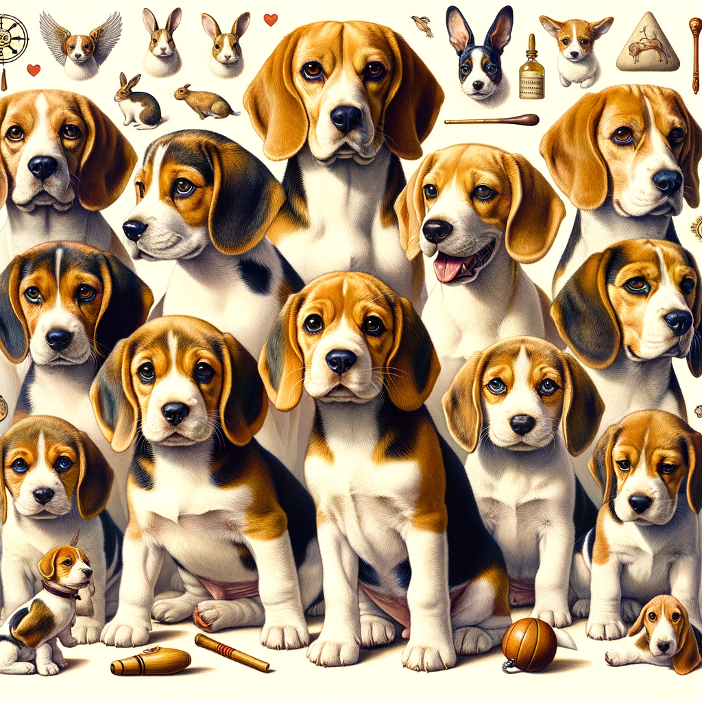 Beagle puppies and adults of various colors showcasing unique beagle personality traits, behaviors, and temperament, subtly hinting at beagle origin, pros and cons, and overall beagle dog characteristics.