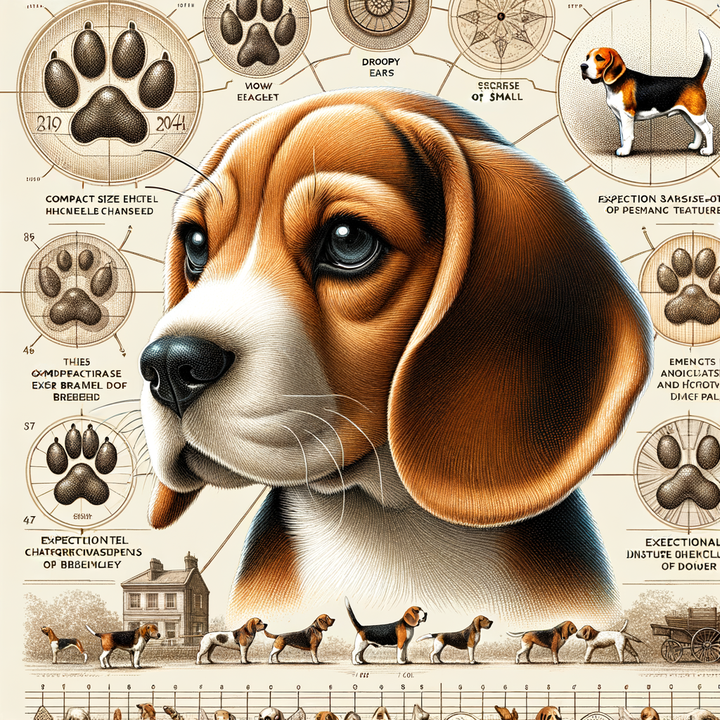 Infographic illustrating the history and unique breed characteristics of Beagle dogs, highlighting their distinct traits like compact size, droopy ears, and keen sense of smell.