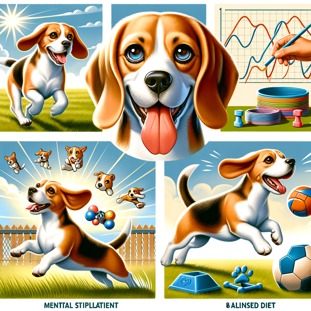 Happy Beagle engaging in physical activities and playtime, demonstrating Beagle exercise tips and care for optimal Beagle health and happiness.
