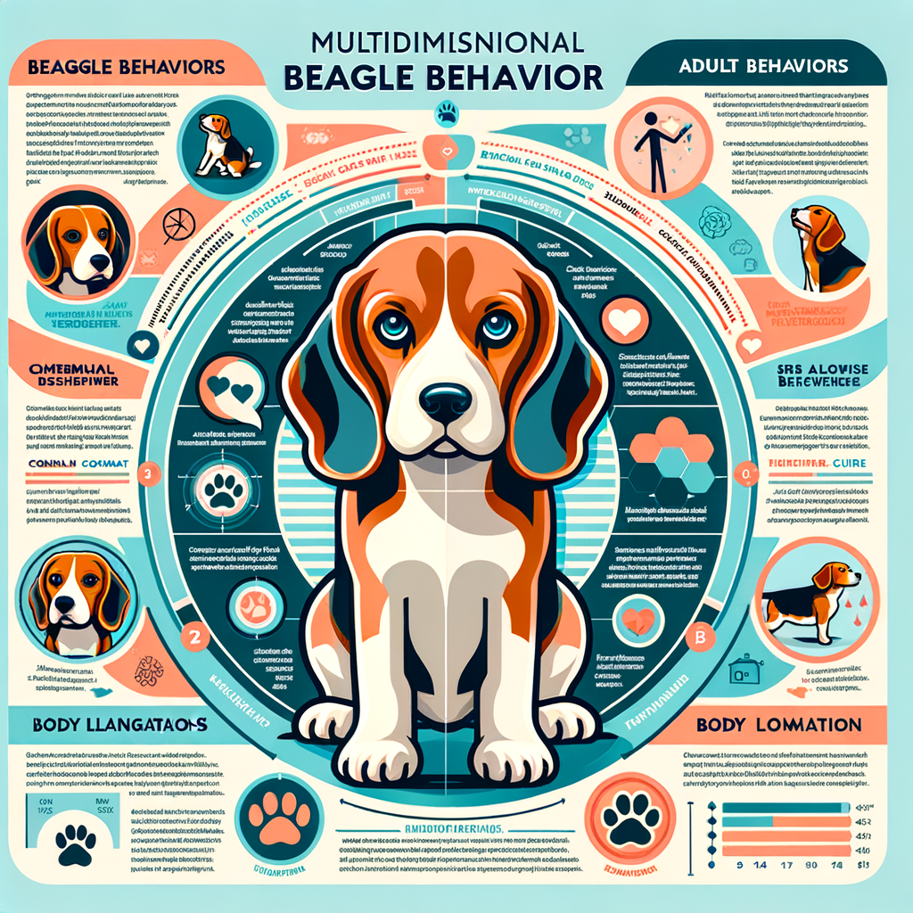 Infographic detailing understanding Beagle behavior traits, interpreting Beagle actions, Beagle behavior problems and solutions, Beagle puppy and adult behavior, Beagle temperament, and Beagle's body language for a comprehensive Beagle behavior guide.