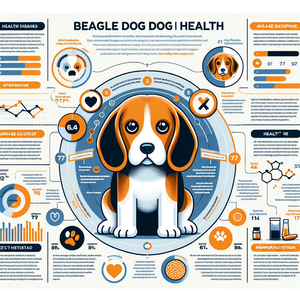 Infographic illustrating Beagle health problems, common diseases in Beagles, Beagle lifespan, Beagle health care tips, and the importance of nutrition for Beagle health and Beagle puppy health.