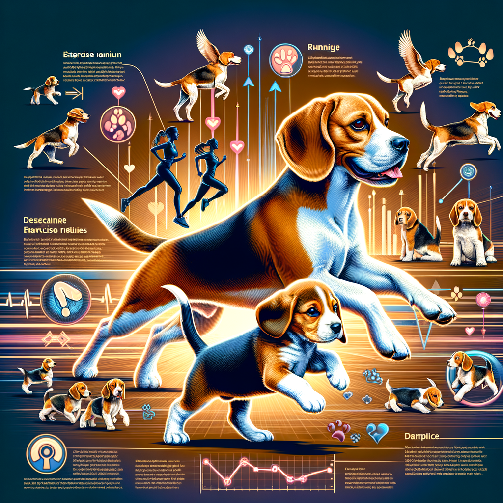 Adult Beagle and Beagle puppy demonstrating various exercise routines, including running and playing fetch, with infographics illustrating Beagle exercise requirements, tips, and daily needs for an article on Beagle breed exercise needs.