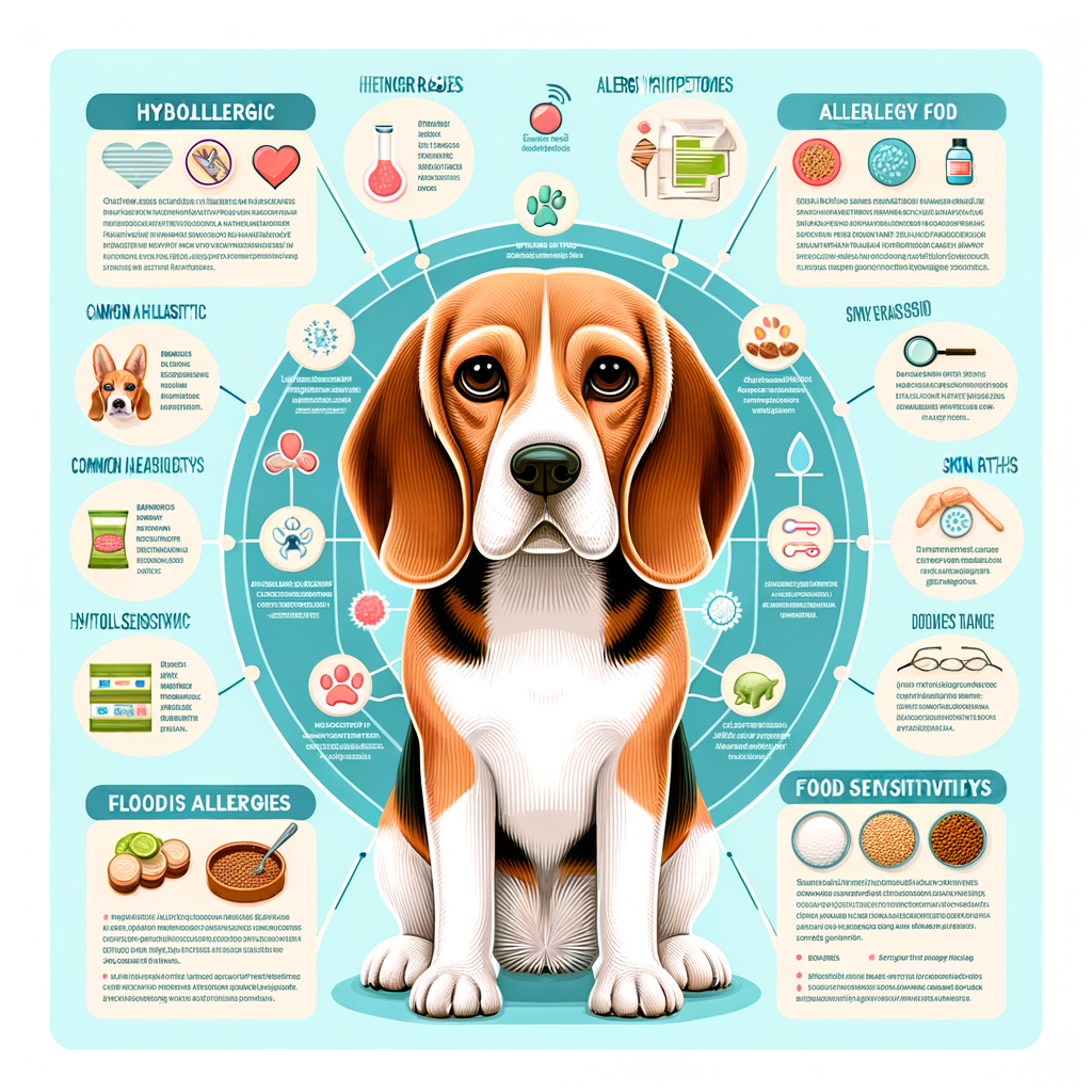 Infographic illustrating Beagle allergy symptoms, common allergies in Beagles, Beagle skin allergies, Beagle food sensitivity, hypoallergenic food for Beagles, Beagle allergy treatment, Beagle food intolerance, and the best diet for Beagles with allergies.